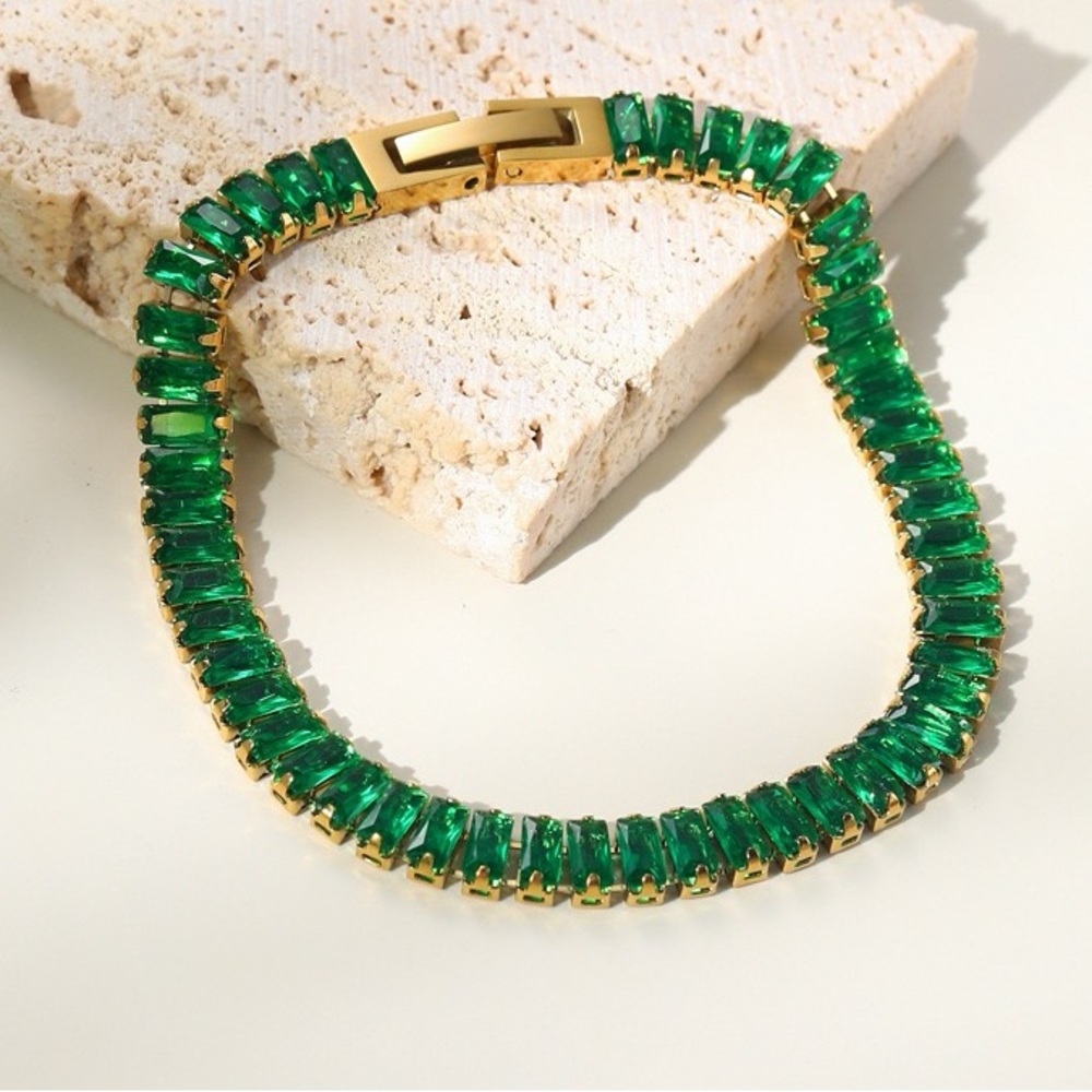 18K Gold Plated Baguette Tennis Bracelet*Emerald Green Cubic Zirconia*MLb017